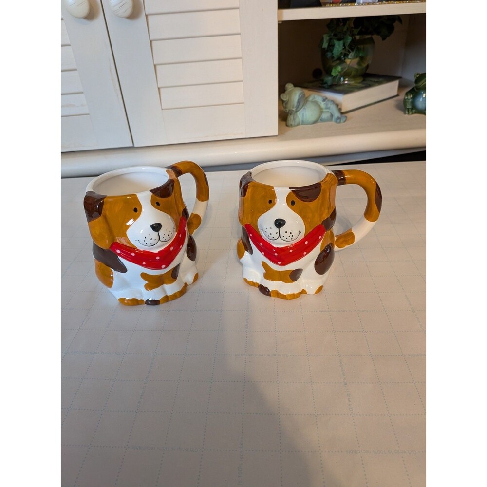 Pier 1 Imports COLLECTIBLE Dog-Shaped Ceramic Mugs Brown & White Dog Design 16oz